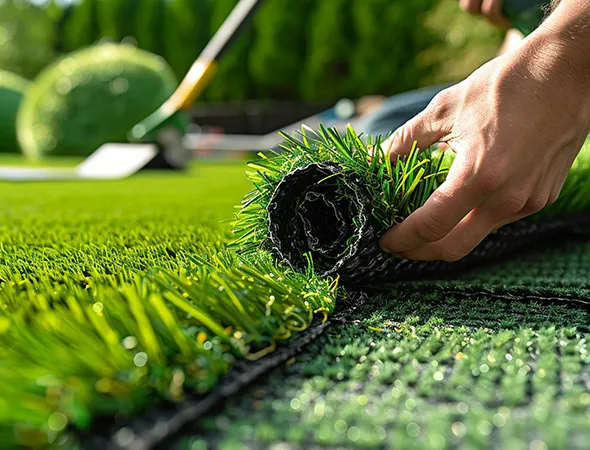 Turf installation crew preparing the base for a church courtyard project